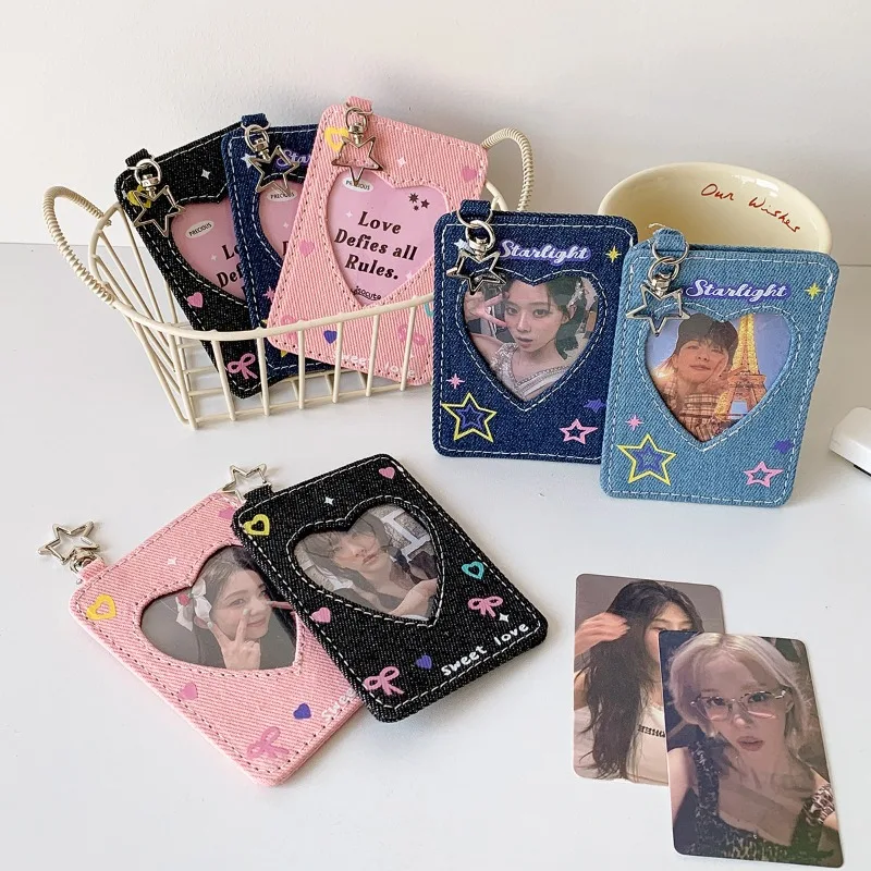 Denim Heart Window Card Holder K-Pop Idol Photo Bag Charm Polaroid Keychain Pendant Badge Holder for Girls Nurse Staff
