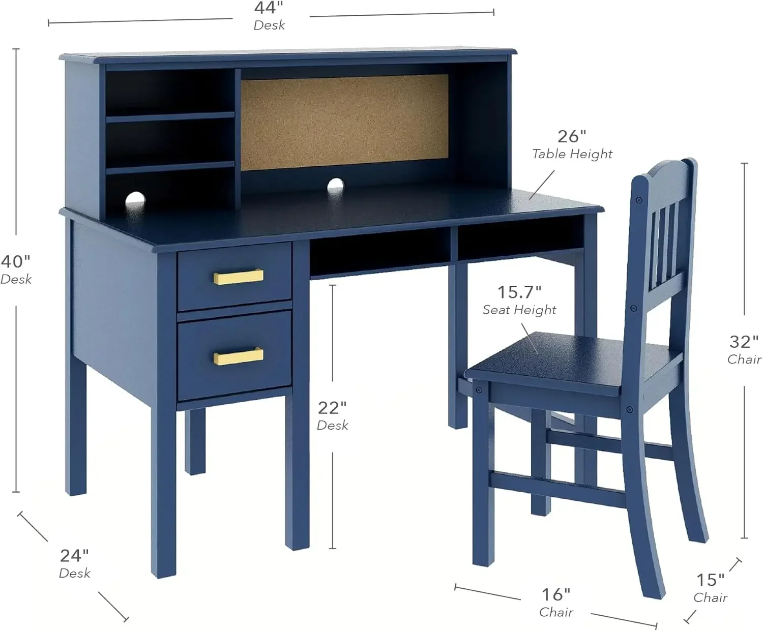 Taiga Desk, Hutch and Chair Set - Navy: Kids Wooden Study Computer Workstation, Children's Bedroom Table with Storage Drawers an