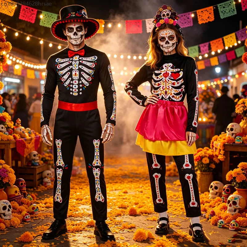 Erwachsenen-Kostüm für den Tag der Toten, Paar-Cosplay-Kostüm, Mexikanischer Zuckerschädel-Skelett-Druck, Outfit für Halloween, Karneval, Party, Fasching