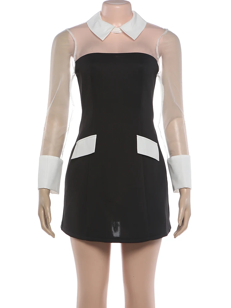 Weird Puss Fashion Mesh-Patchwork-Kleid für Damen, sexy, farbblockierend, trendig, mit Umlegekragen, langen Ärmeln, elegant, für Party und Club, figurbetont – Detail 3