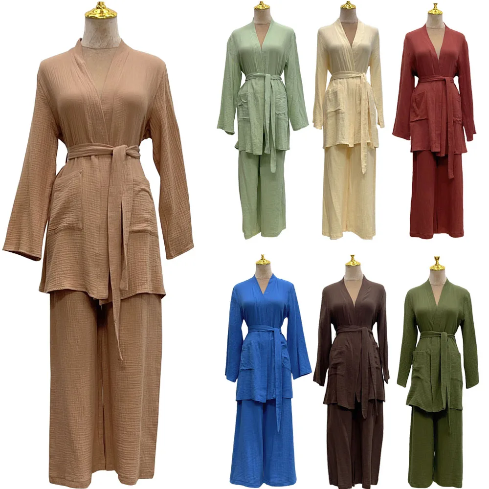 

2 Piece Matching Eid Ramadan Abaya Casual Open Tops Pants Turkey Dubai Islam Kimono Muslim Women Arab Robe Belted Modest Outfits