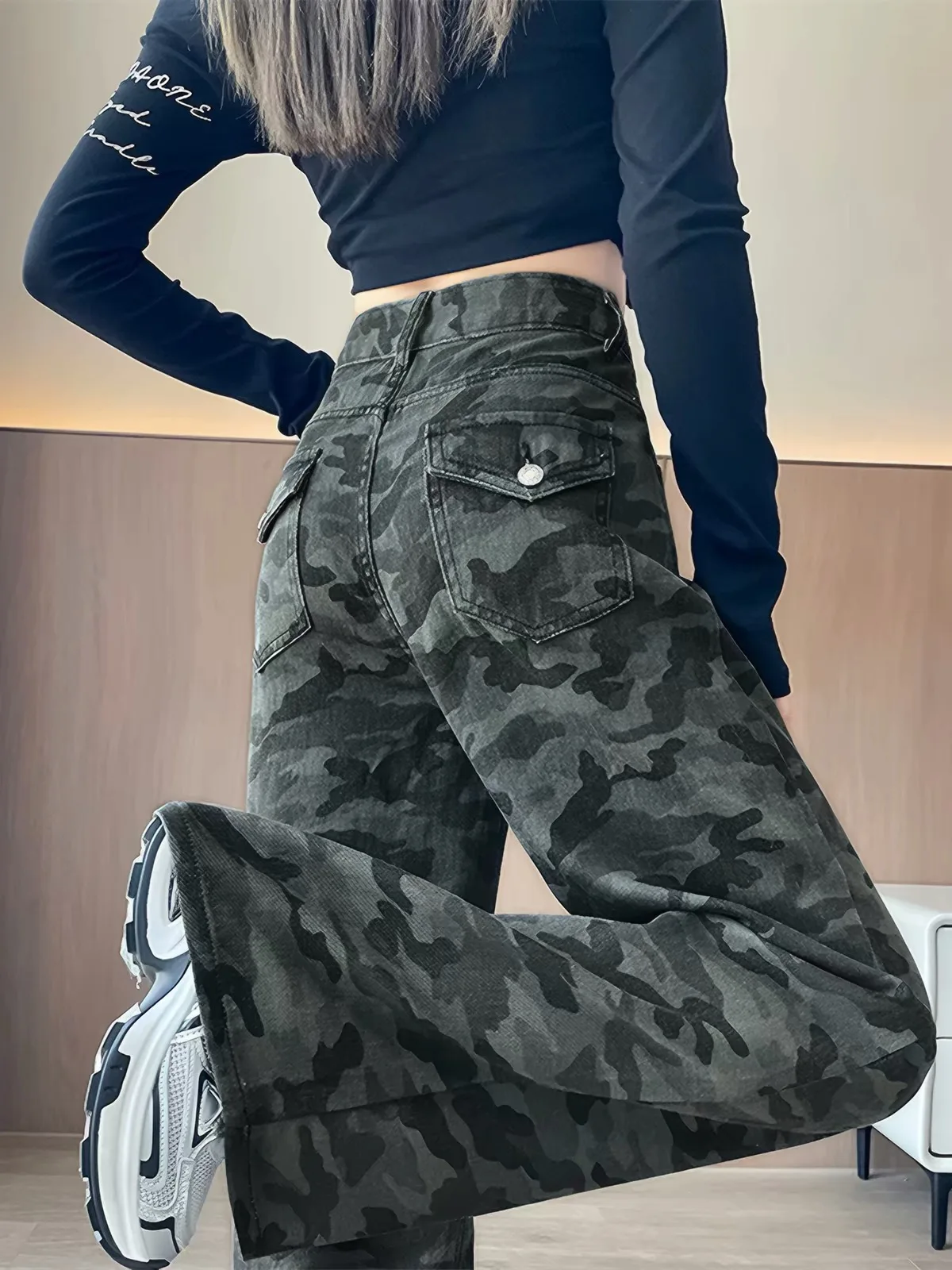 Camouflage Wide Leg Work Pants Casual Loose Fit Thin Spring Autumn High Waist Jeans for Women Casual Loose Trousers