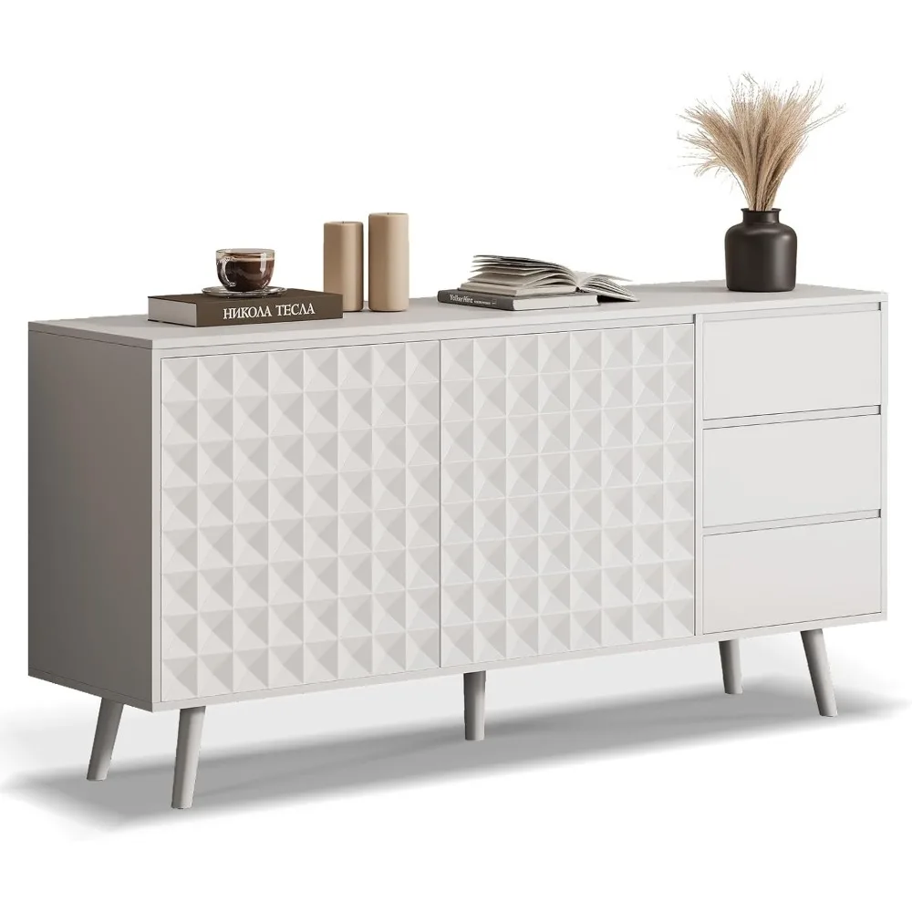 

Buffet Sideboard, 59.76 Large Buffet Cabinet with Storage, Console with 2 Doors and 3 Drawers, Diamond Shape Credenza with Adjus