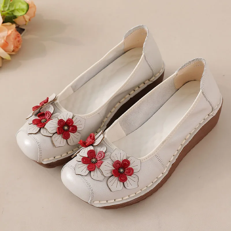 

New ancient wedged flats women's high quality genuine leather shoes woman autumn intricate moccasin ladies shallow slip on shoes