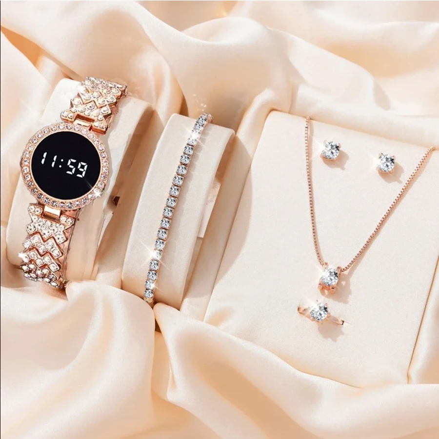 Women Digital Watch 5pcs Set  Fashion Casual Alloy Strap Led Watches FREE Bracelet Ring Necklace Earring