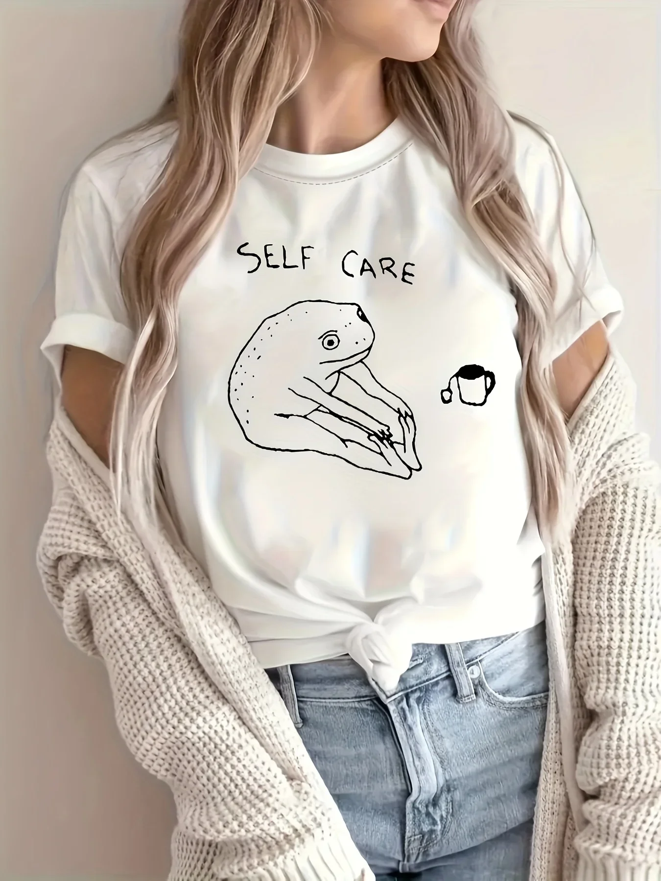 Self Care Frog Print Crew Neck T-shirt  Summer Fashion Tops Women's Clothing Creative Short Sleeve Vintage casual clothes Tees