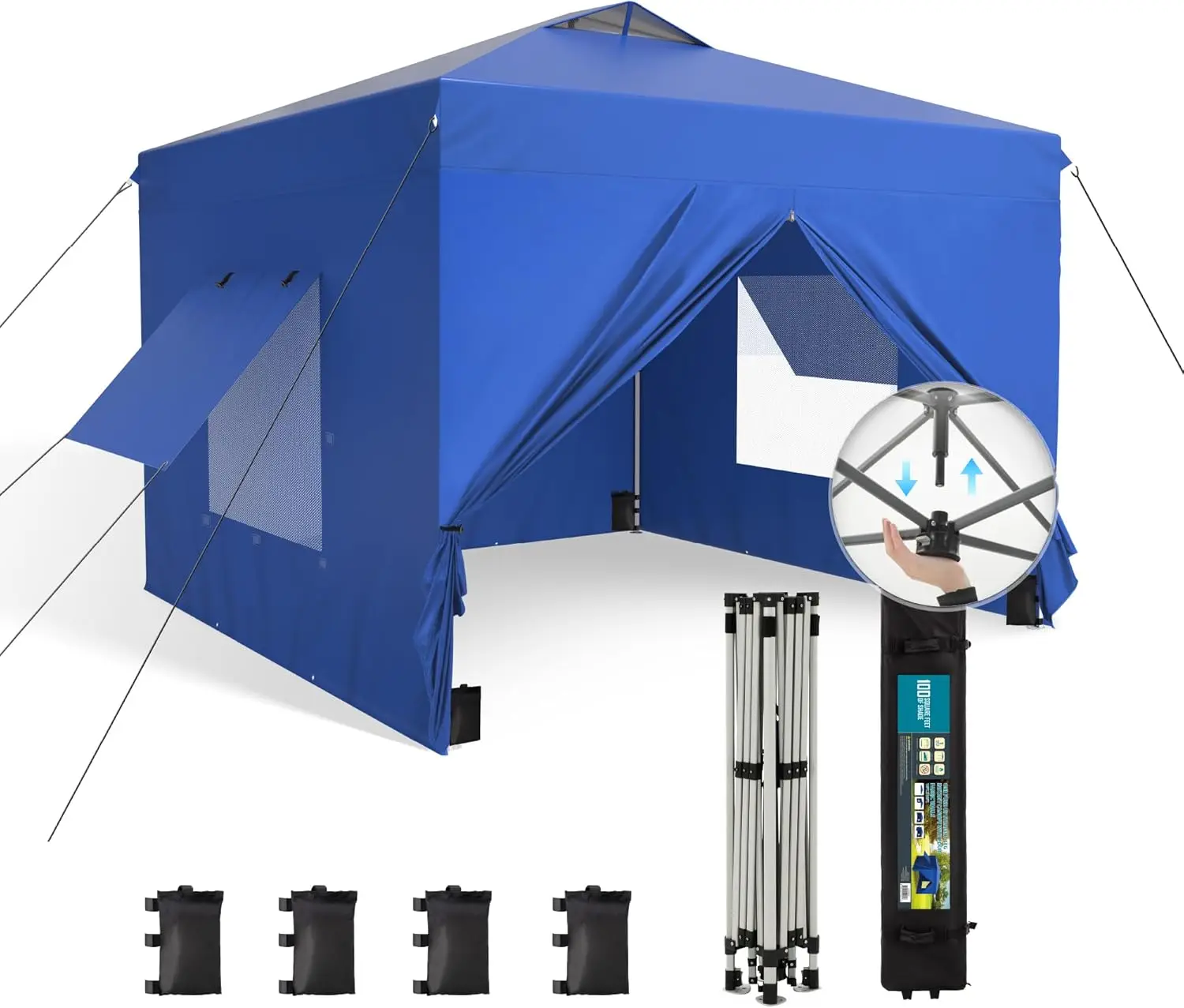 Canopy Tent Pop Up 10X10 Ft One Person Push Set Up Tent With 4 Sidewalls, Outdoor Canopies Shelter Heavy Duty Straight Legs