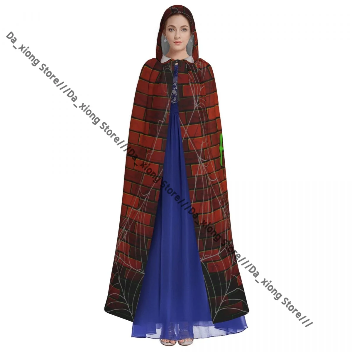 رداء ساحرة طويل بغطاء للرأس، طوب حائط للهالوين السعيد مع شبكة عنكبوت، عباءة الهالوين، أزياء تنكرية للبالغين