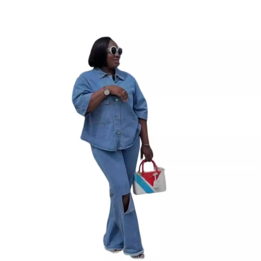 

Faionable Denim Jeans irt Two-Piece Set Hole Design Casual Pants Autumn Top Women's Clothing Personali Sle