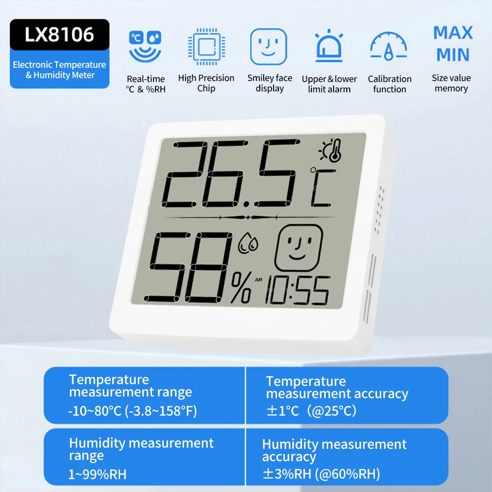 LCD Digital Temperature Humidity Meter Home Indoor Outdoor Hygrometer Thermometer Weather Station with Clock Alarm Function