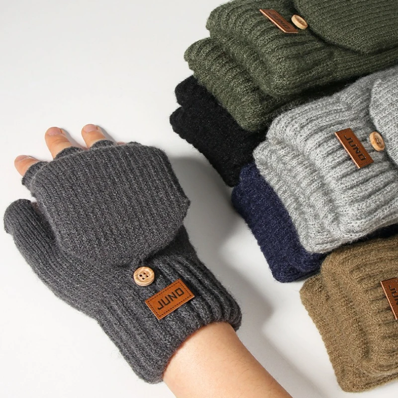 Thickened Half-finger Gloves Autumn Winter Padded Knitted Cold Warm Half Wool Leakage Finger Gloves Touch Screen Student Gloves