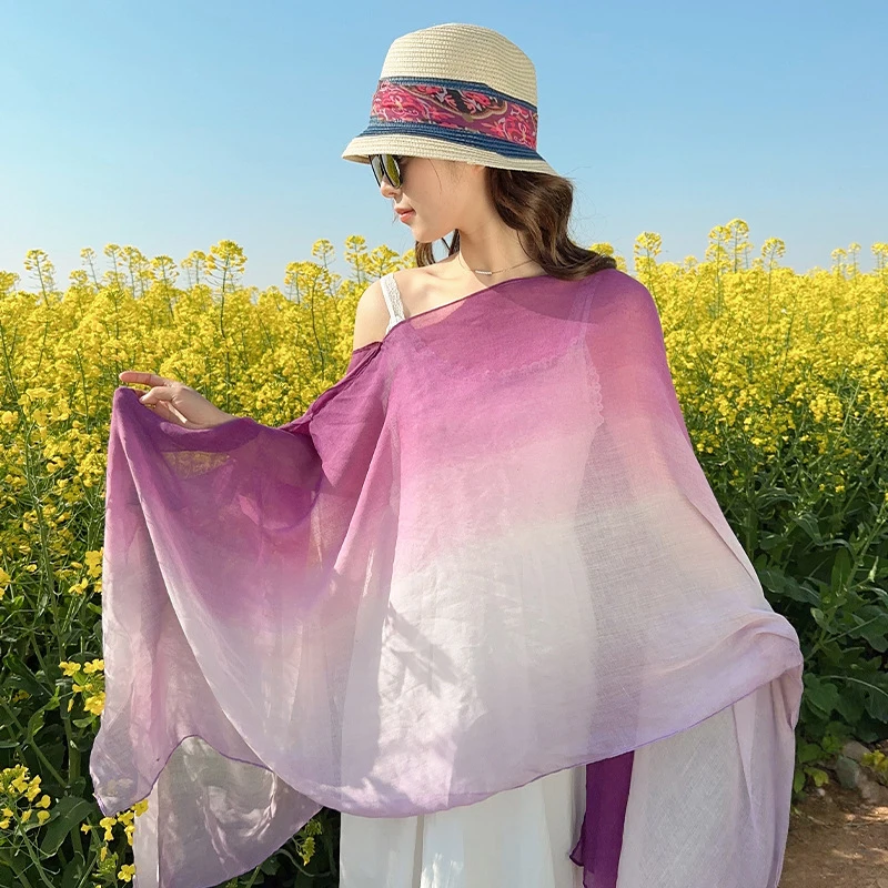 Summer Women Shawl Plain Colour Travel Ethnic Style Shawl Cotton Linen Feel Thin Type Sunscreen Beach Towel Split Shawl