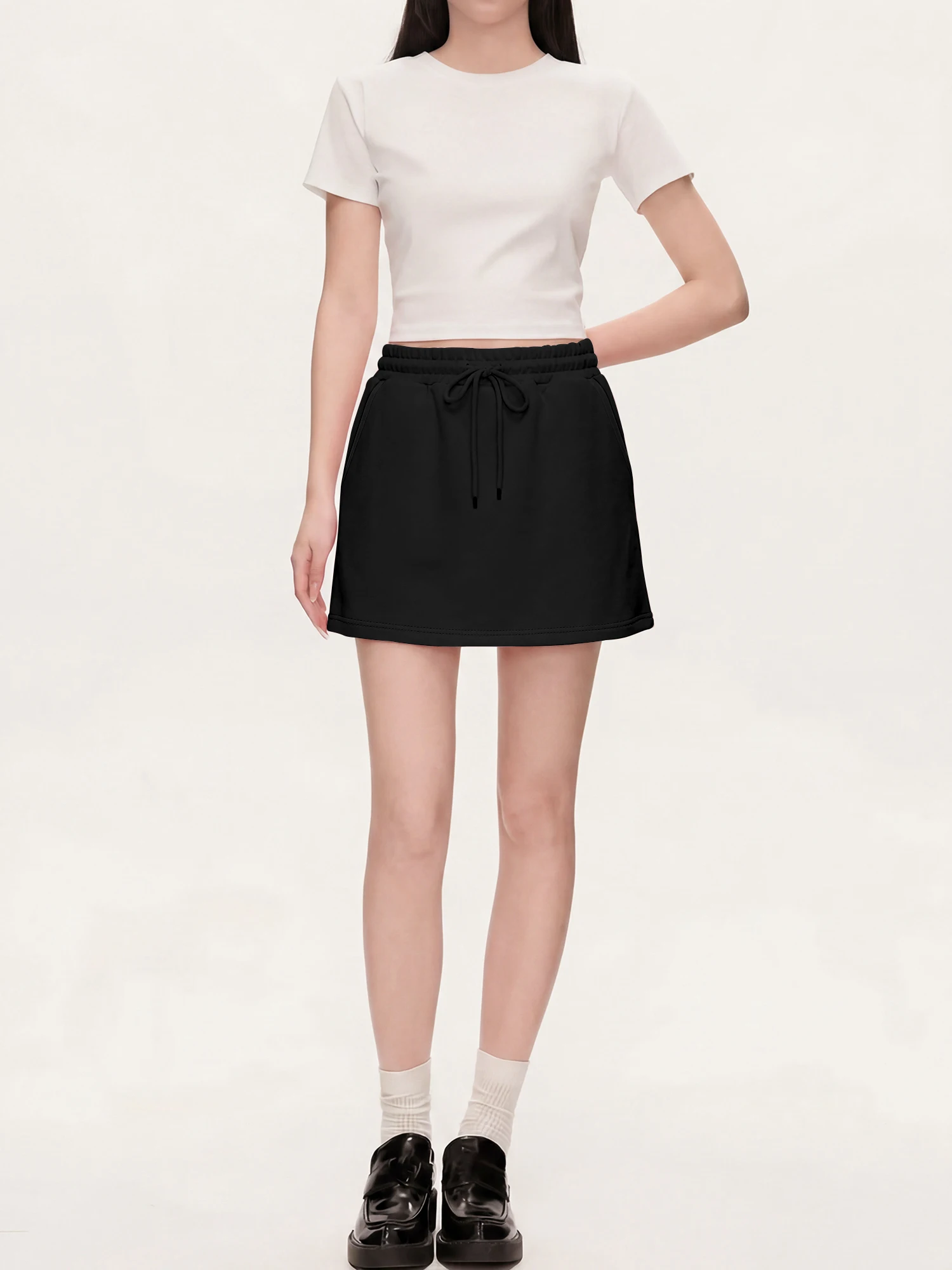 Korean Daily Matching Sweat Skirt High Waist Drawstring Solid A Line Soft Pocket Women Casual Mini Skort