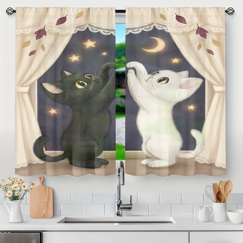Whimsical Cat Curtain Panels for Bathroom and Kitchen Window Decorative Sheer Translucent Animal Print Home Window Covering Deco