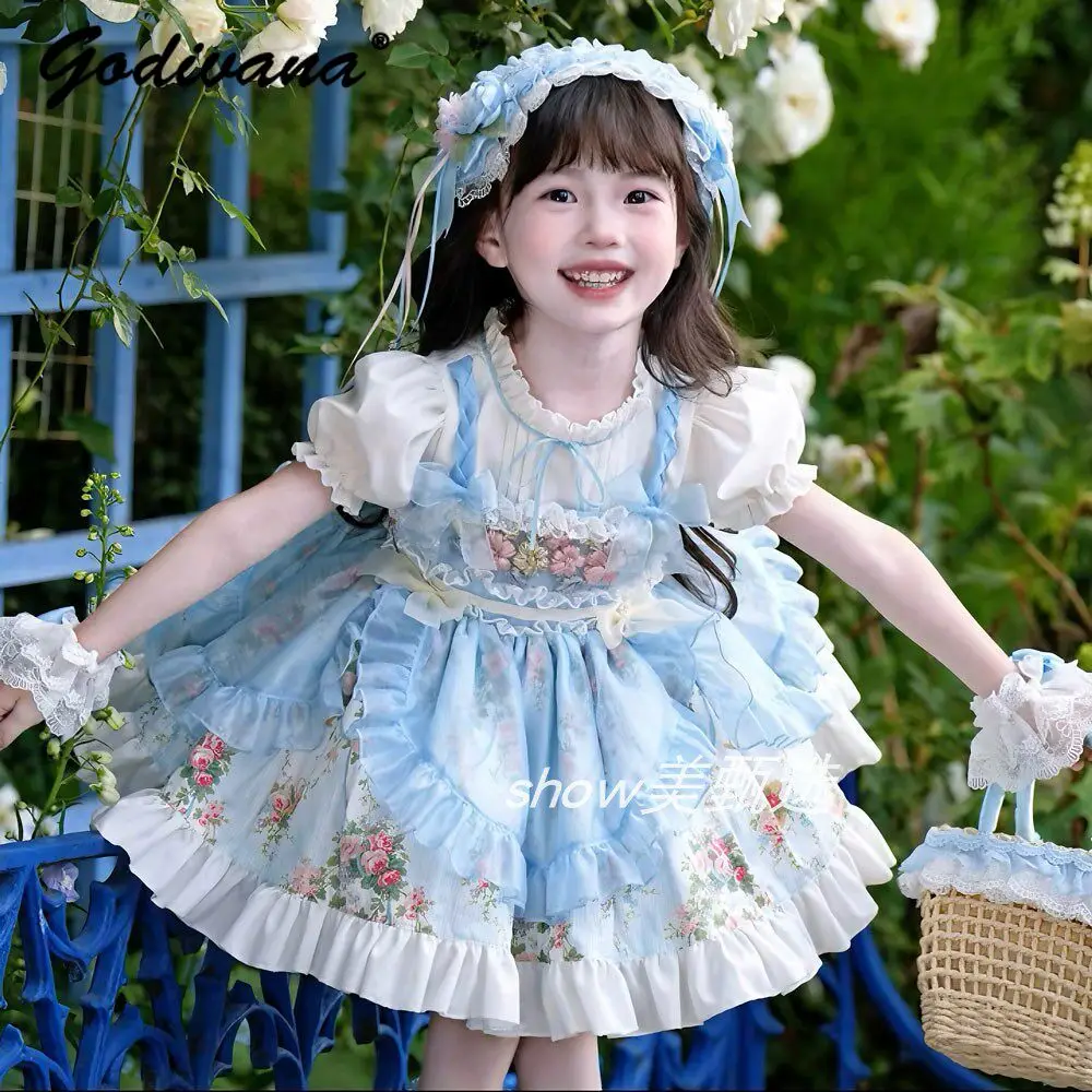 

Sweet Baby Girls Summer Short Sleeve Princess Lolita Dress Kids New Chinese Ancient Puff Sleeve Print Lace Trim Birthday Dress
