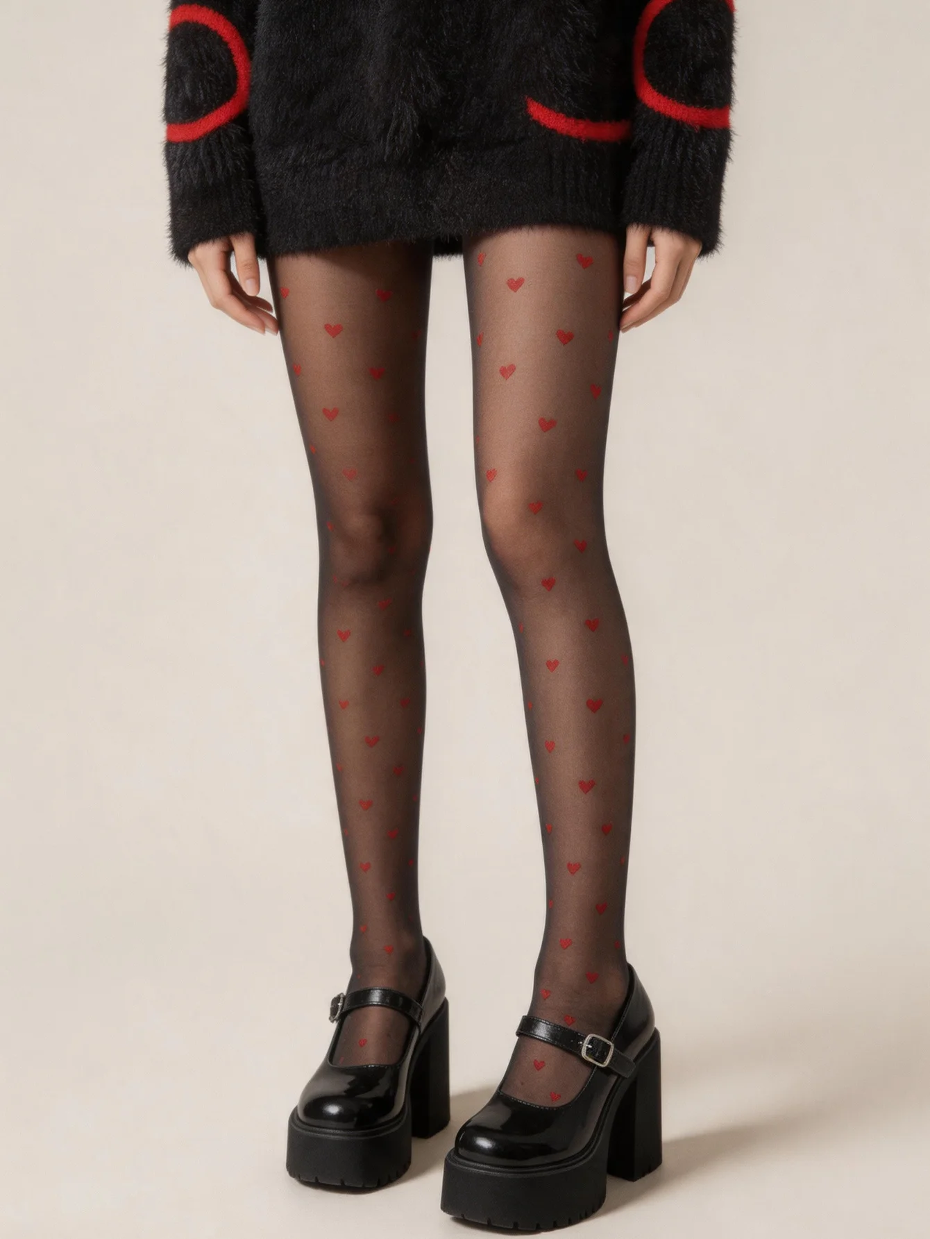 1pc Women's Black Sheer Pantyhose with Red Heart Print, Ultra-Thin Sexy Skin-Friendly Hosiery for Party & Valentine's Day Date |