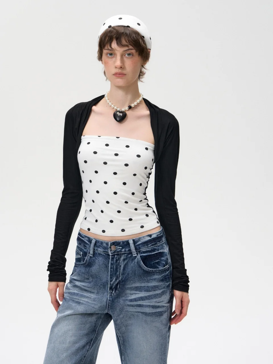 

2025 Women's Y2K Fake Two-Piece Polka Dot Top - Slim Fit Long Sleeve Cardigan Tube Top, Vintage Edgy Streetwear Spring Summer