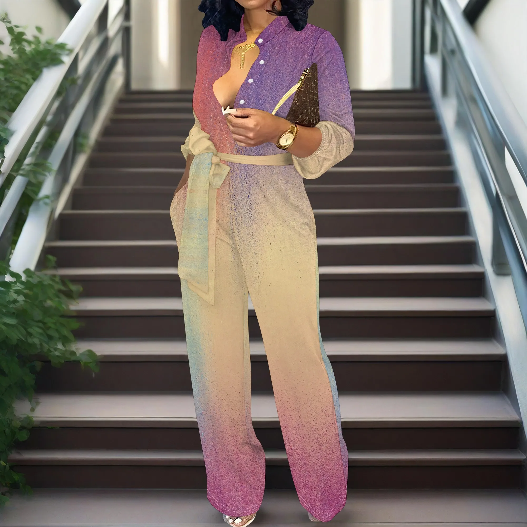 

Women’s Long Sleeve Jumpsuit Ombre Gradient Color Belted Waist Wide Leg Elegant Casual Romper