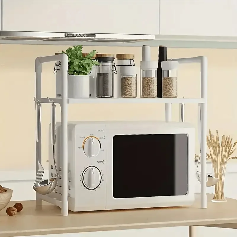 Space Saving Adjustable 2 Layer Metal Microwave Organizer Rack, Heavy Duty Counter Shelf for All Kitchen Small Appliance Storage