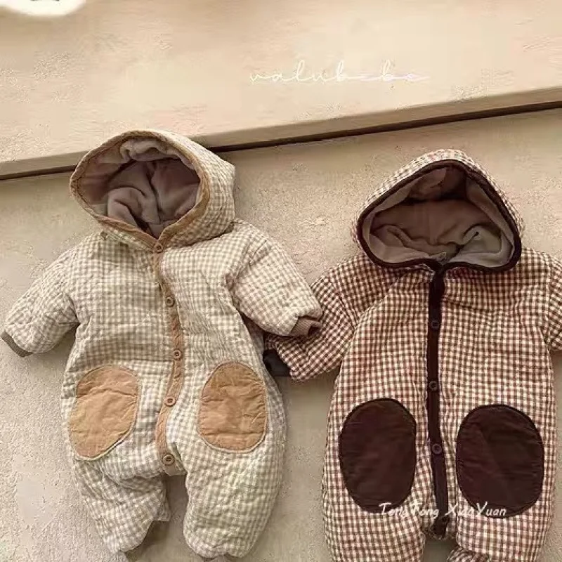 2026 Winter New Baby Vintage Plaid Romper Infant Plus Velvet Thick Jumpsuit For Boys Girls Toddler Warm Fleece Clothes