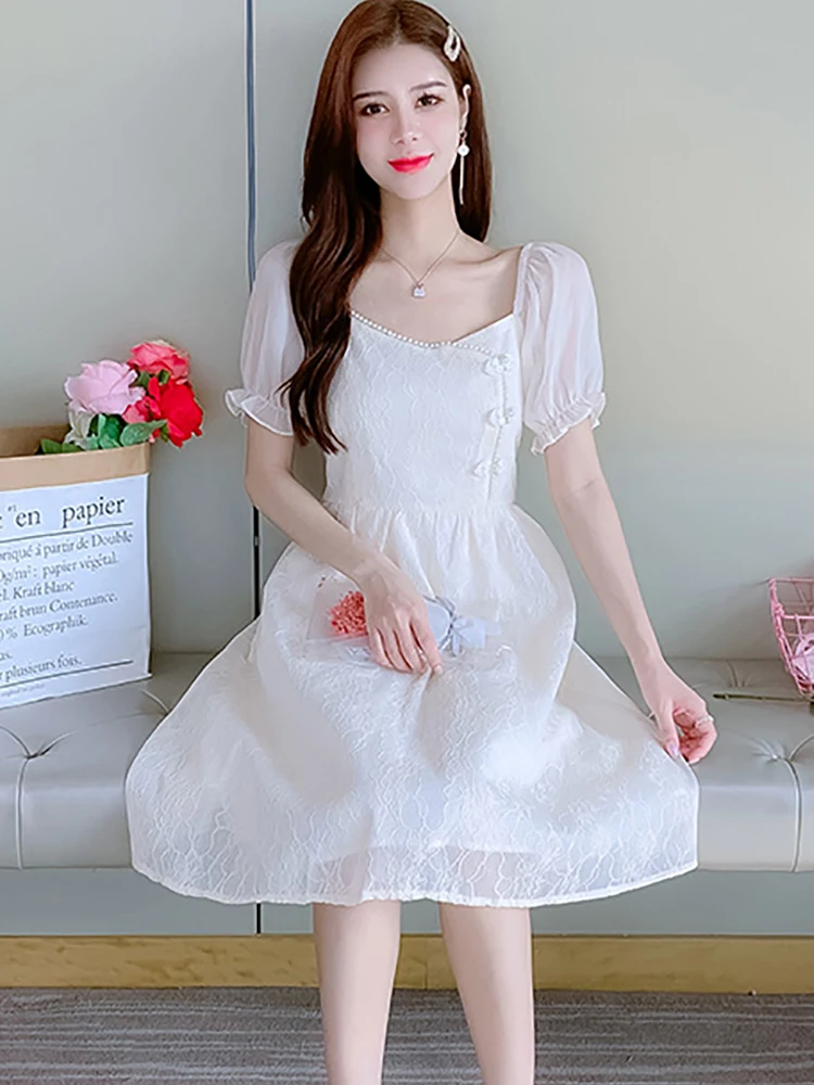 Women Korean Vintage Luxury Midi Dress Summer White Jacquard Chic Beading Square Collar Dress 2025 New Elegant Bodycon Vestidos