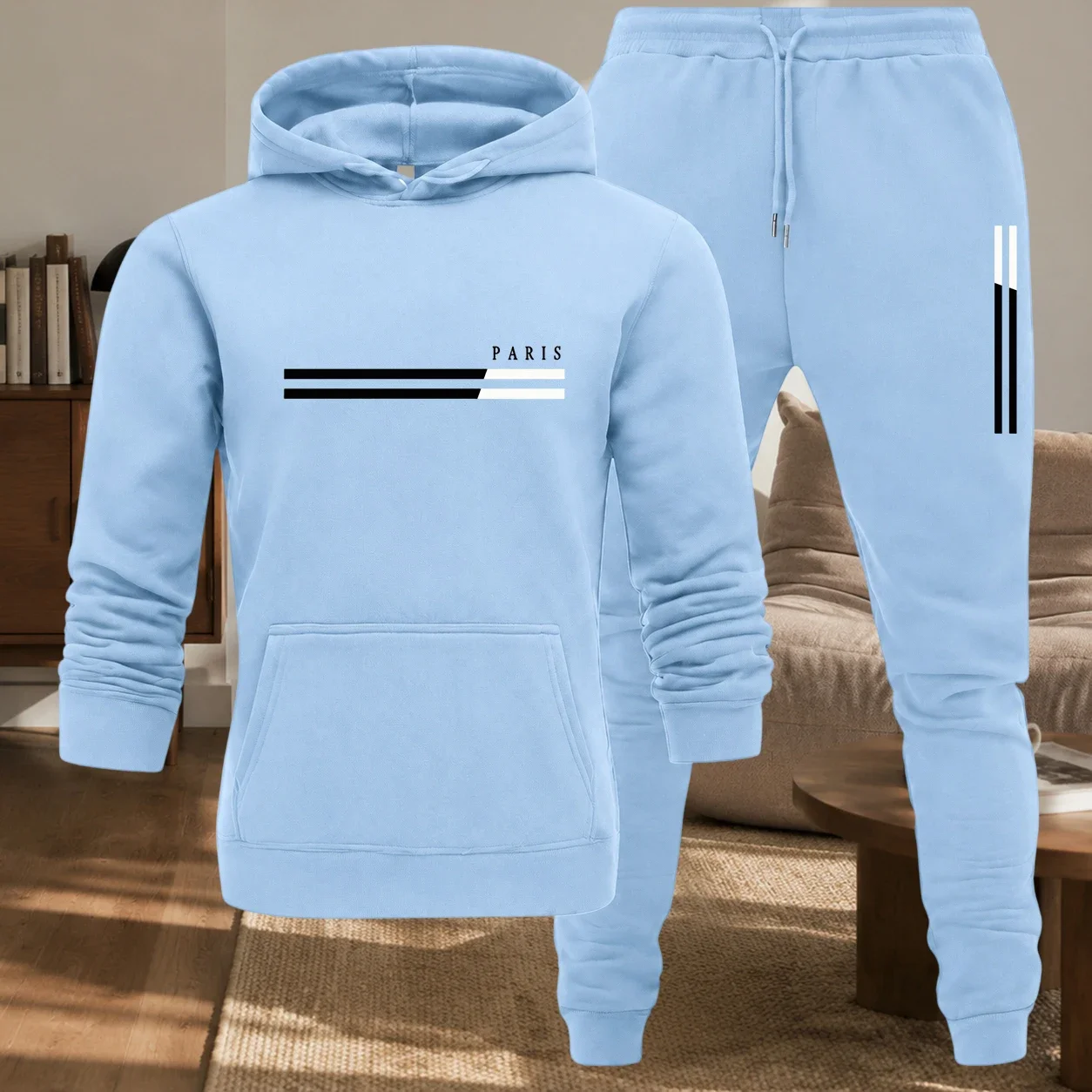 Men's Classic Stylish Parisian Letter Patterned Machine-washable Hooded Sweatshirt and Pants Casual Sports Outfit Tracksuit Men
