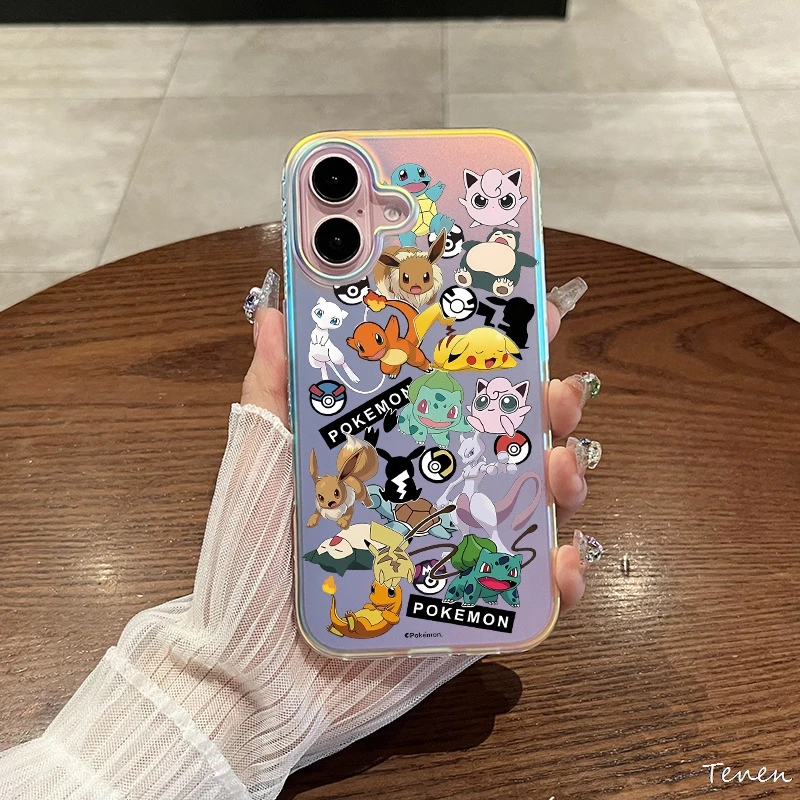 

Japan Anime Pokemons Laser Phone Case for iphone 11 12 13 14 15 16 17 Pro Max Plus Air Charmander Bulbasaur Eevee Squirtle Cover