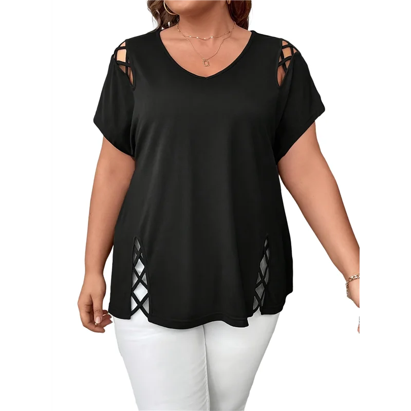 CYL-Womens Short Sleeve Tunic Tops Cut Out V Neck Dressy Casual Loose Fit Long Tops