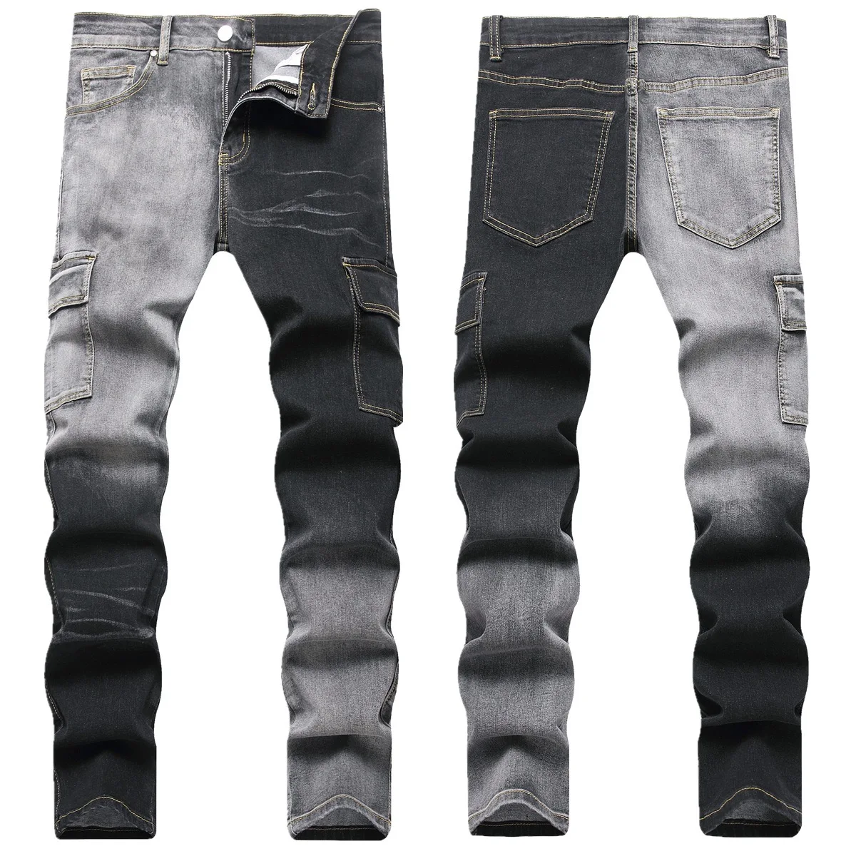 Gradient Color Jeans Men Small Feet Casual Splicing Pants Large Pocket Luxury Trend High Elasticity Versatile Color Matching 025