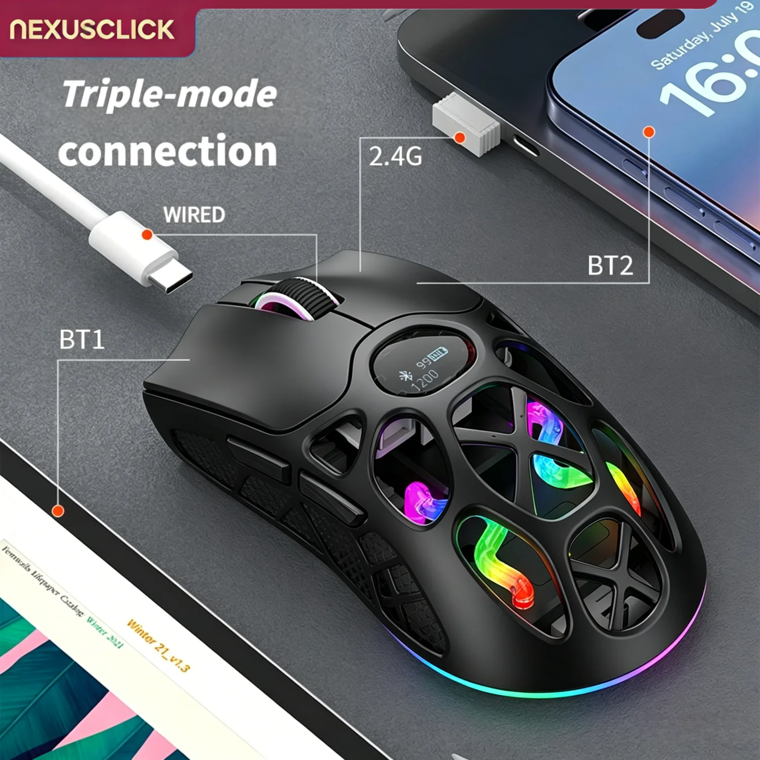 NexusClick 3-Mode Wireless Gaming Mouse,2.4G Bluetooth Wired 1000Hz 12000DPI RGB Mouse with Magnetic Charging Dock E-sports Mice