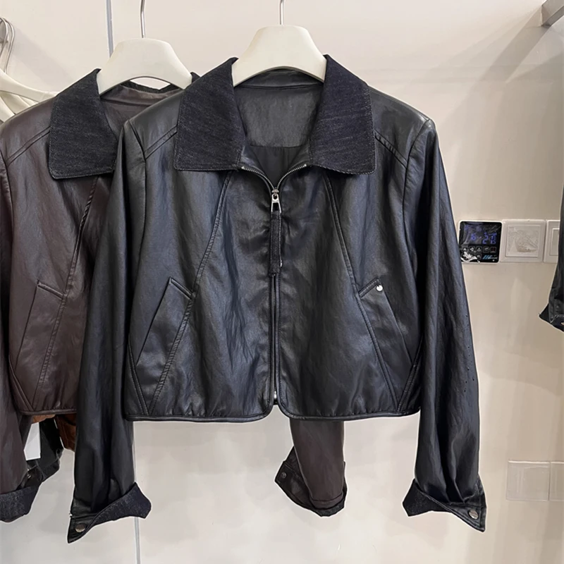 女性ショートレザージャケット新作春秋ターンダウンカラージッパースタイルヴィンテージ多用途カラーブロッキングソフトブラウンPUコート