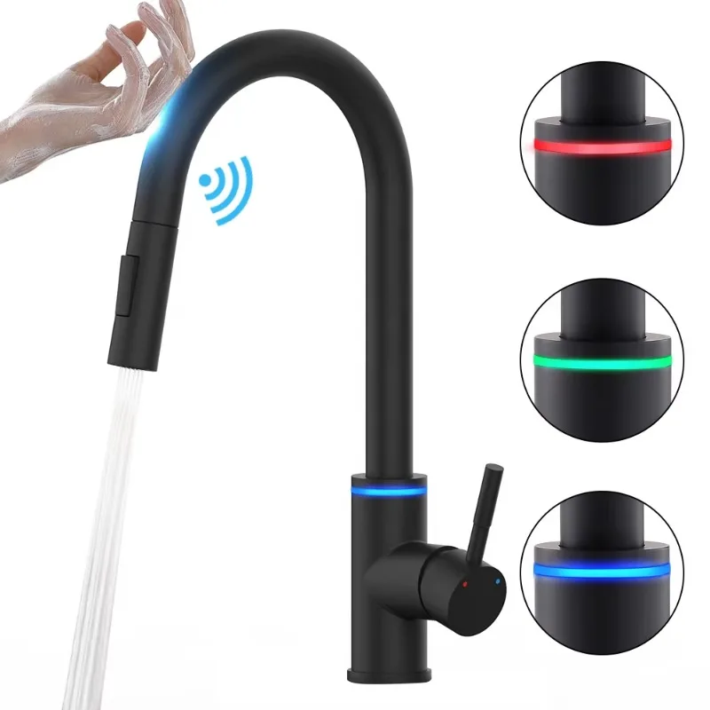 SUS304 Pull Out Smart Touch Sensor Kitchen with Light Emitting Diode Three-Way Water Saving Hot and Cold Mixer Faucet