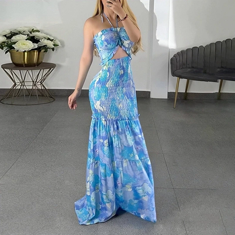 2023 neue Frauen Mode Frühling Herbst Halter Neck Print Plissee Kleid Damen Casual Blumen Druck Krawatte Taille Urlaub, Figurbetontes Kleid