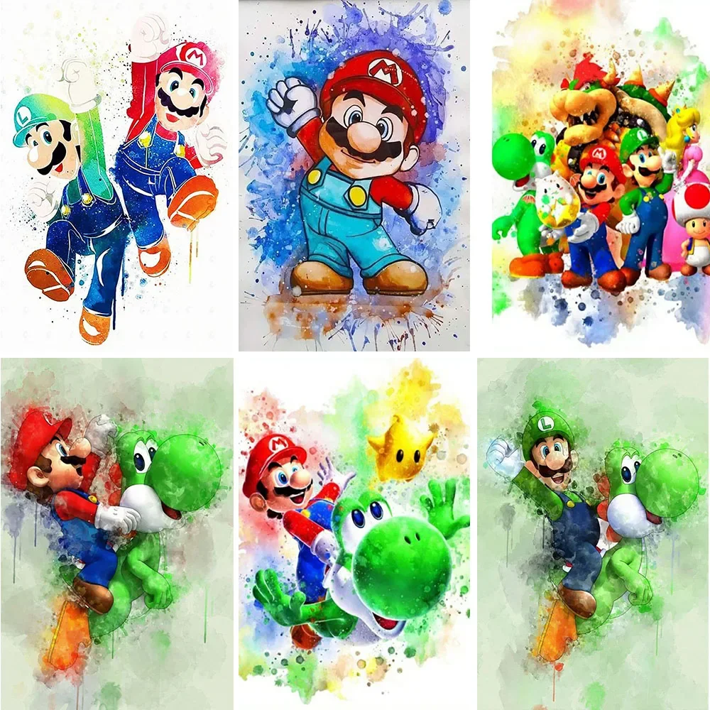 PYABPD Cartoon Anime Color Diamond Painting Set Super Mario Dinosaur Cross Embroidered Water Diamond Handmade Mosaic Art Gift