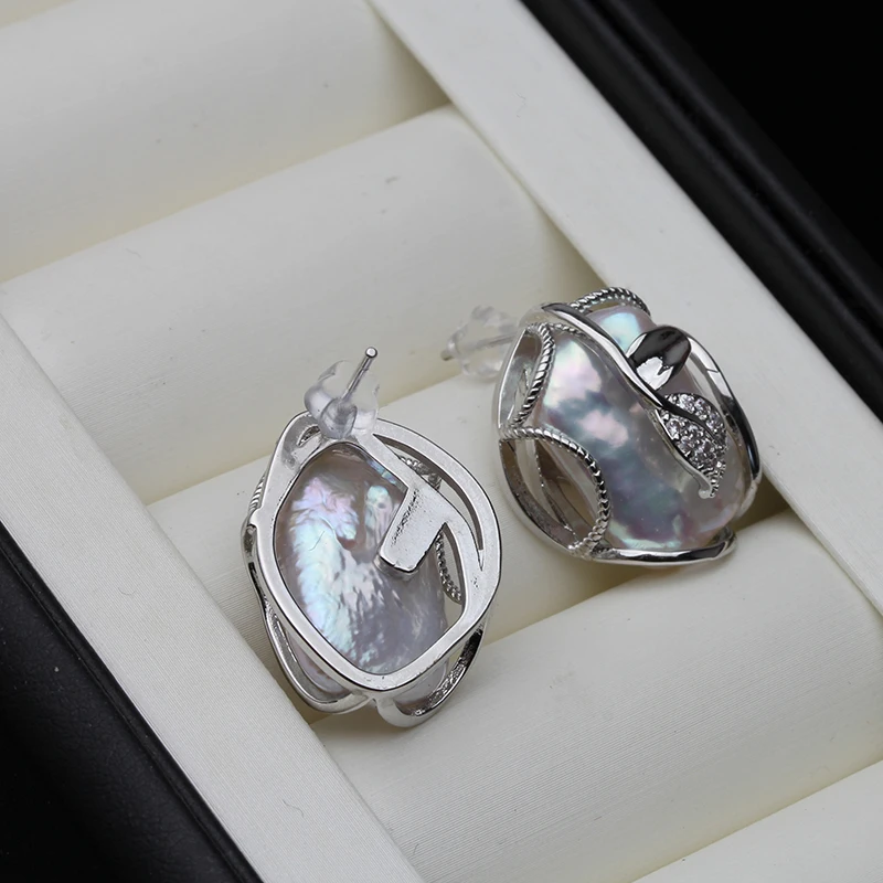 Natürliches Süßwasser-Barockperlen-Set mit Halskette und Ohrringen für Damen, großes 925er-Silber-Perlen-Schmuckset, Geburtstagsgeschenk für Ehefrau oder Mutter, weiß. – Detail 4