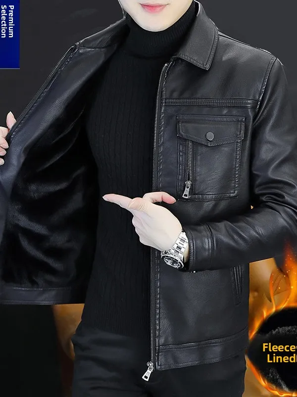 

Slim Fit Soft Leather Sheepskin Jacket Men's Thickened Fleece Business Casual Coat Winter Long Sleeve Zipper Closure Pure Color