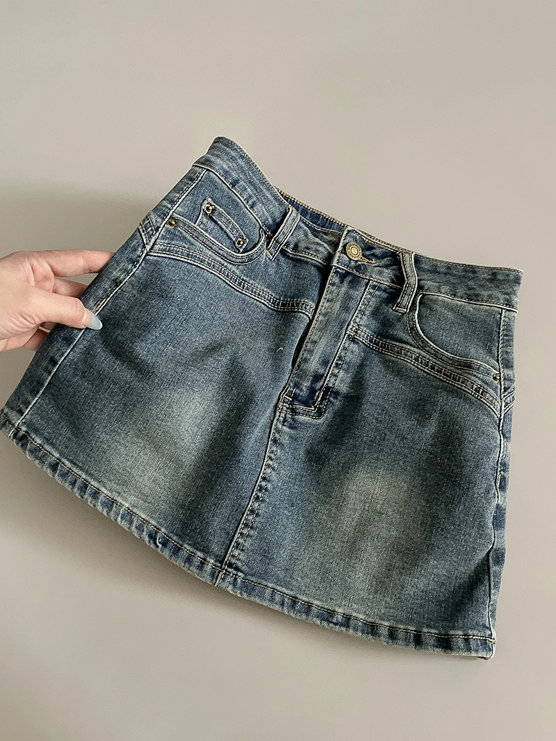 Deep Blue Retro Denim A-Line  Skirt High Waist Women's Faion Commute Sle Cotton Blend ort Skirts for Summer