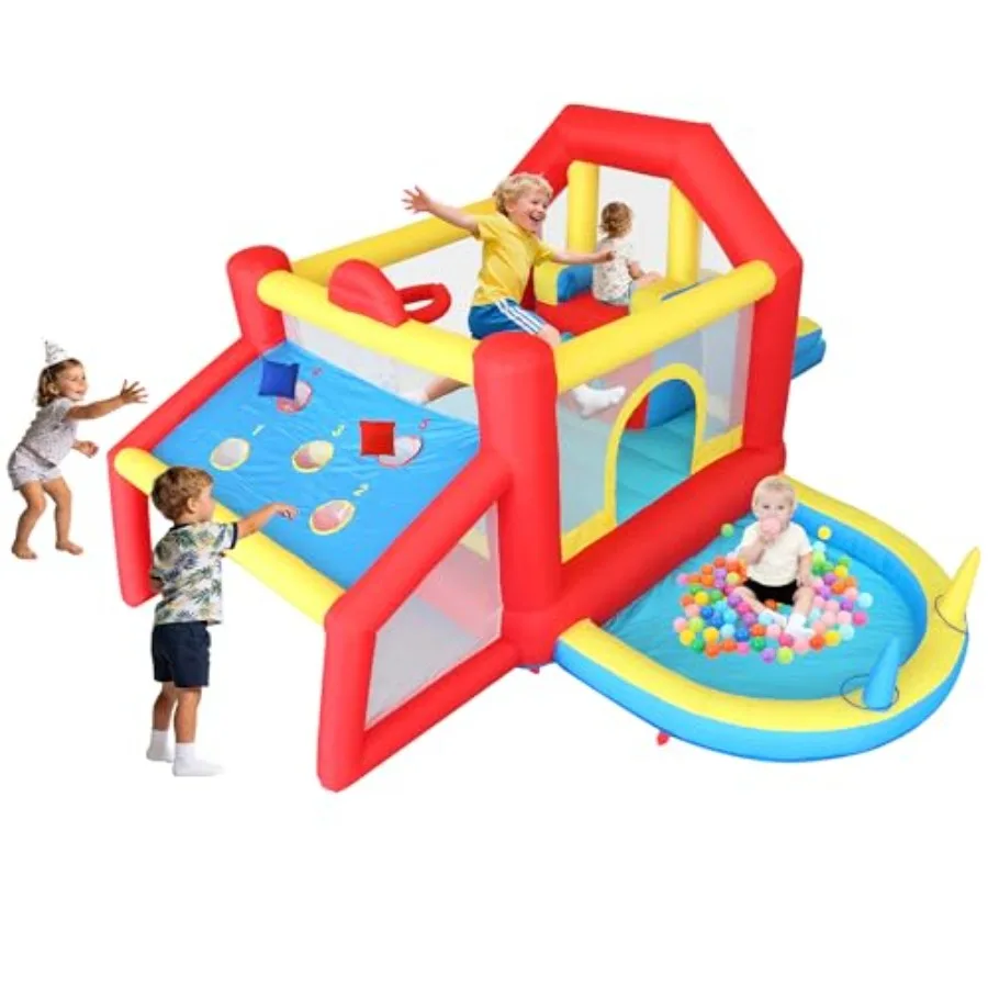 

9 in 1 Inflatable Bounce House Kid Trampoline with Tall Slide Ball Pit Pool Skill Soccer Throwing Sandbags Game for Home Party