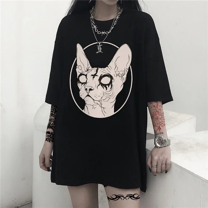 T-Shirt Cotton Women Death Metal Sphynx Cat Metal Harajuku  Female Summer Hipster Tops  Graphic Gothic Tops