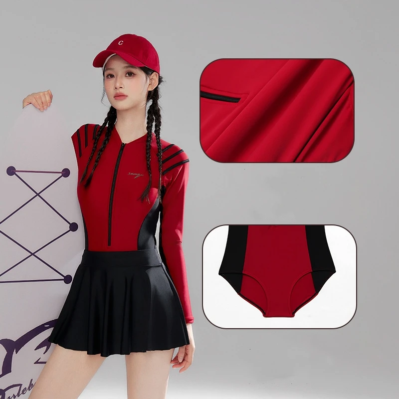 Women Long Sleeve One Piece Professional WaterProof Sports Surfing Swim Skirts Professional Quick-Dry Sexy Front Zipper SwimWear