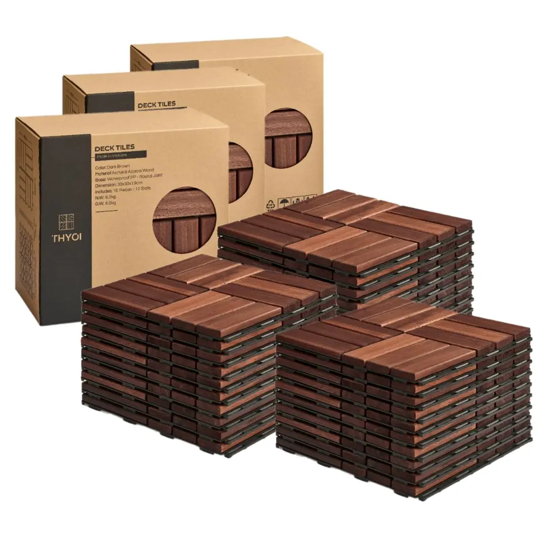 Deck Tiles, Patio Flooring - Outdoor Waterproof Acacia Wood Tiles for All Weather Use - Balcony, Backyard, Indoor &