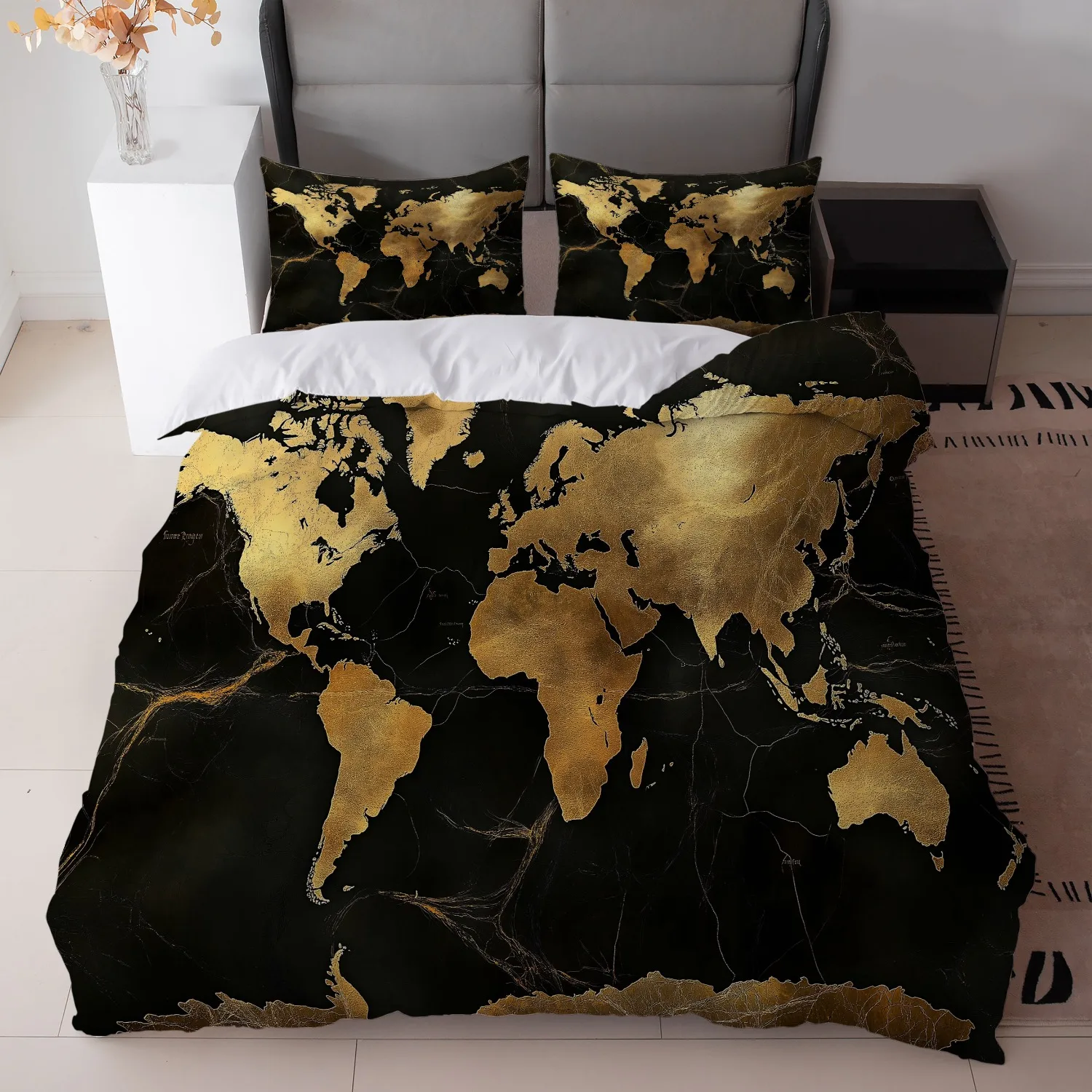 3Pcs Black Golden World Map Duvet Cover Set, Luxury Polyester Bedding with Pillowcases, Zipper Closure All Season for Modern Bed