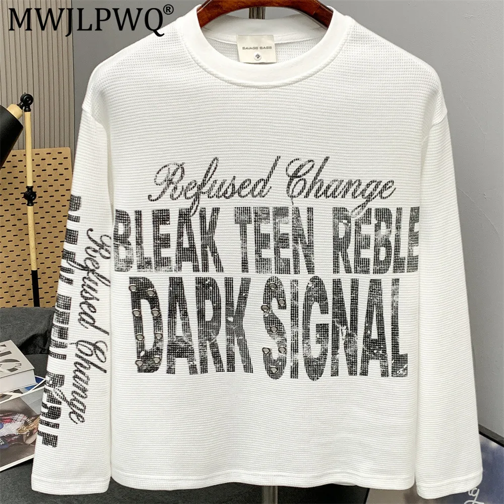 MWJLPWQ American-Style Letter Print Distressed Long-Sleeve T-Shirt Men Loose Casual Spring Autumn Trendy Street Style Tops 20633