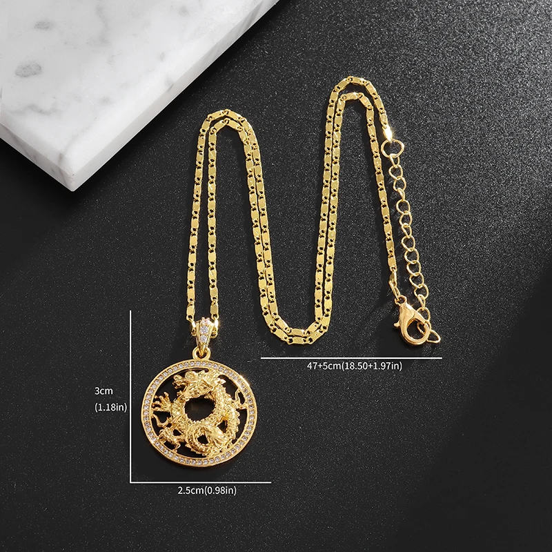 Classic Chinese Style Zircon Golden Dragon Mascot Lucky Pendant Necklace for Men Vintage Copper Necklace Women Amulet Jewelry