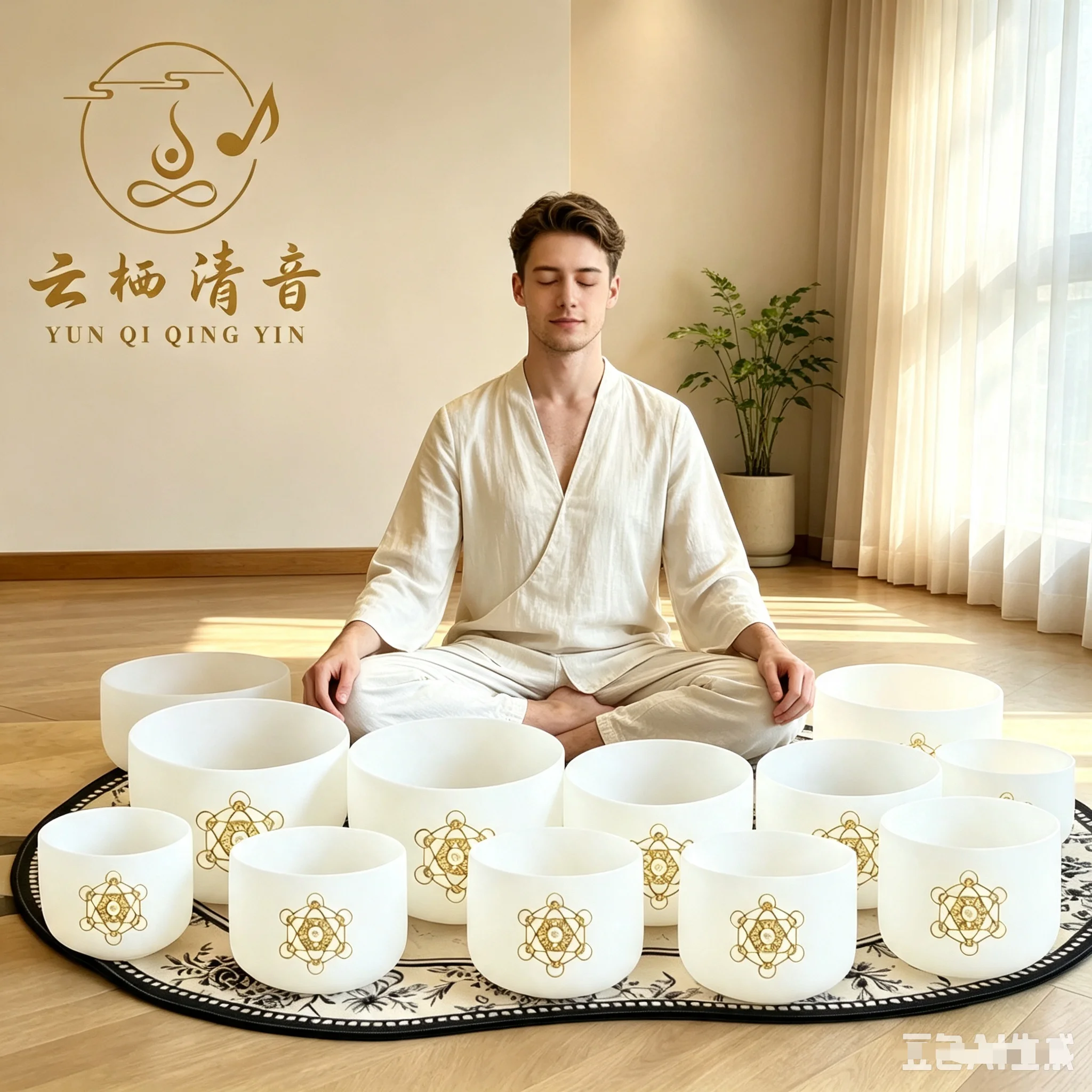 YUN QI QING YIN Soul High Quality Crystal Singing Bowl Set 8-12 Inch Exclusive Frequency, Professional Sound Healing Bowl