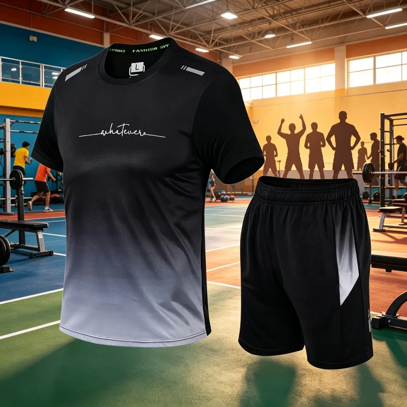

Men's gradient sports suit, trendy printed pattern quick drying breathable T-shirt+shorts combination
