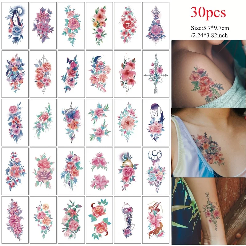 30pcs/pack Tattoo Sticker Women Girls Watercolour Flower with Moon Rose Blossoms Waterproof Temporary Tattoo for Summer Travel