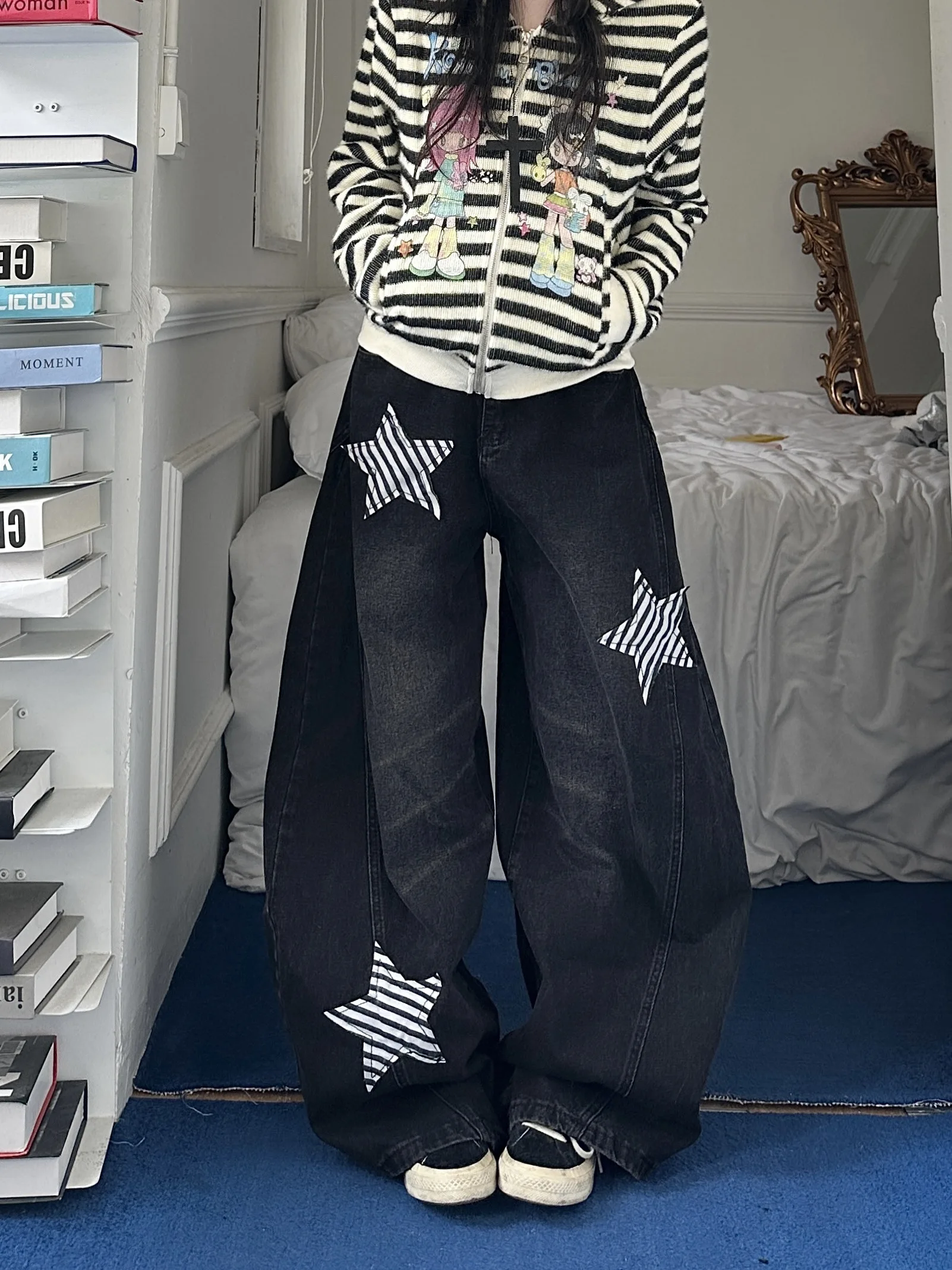 

Женские джинсы свободного кроя из хлопка с вышивкой в стиле ретро-американский криволинейный узор, с узором «звезды и полосы»