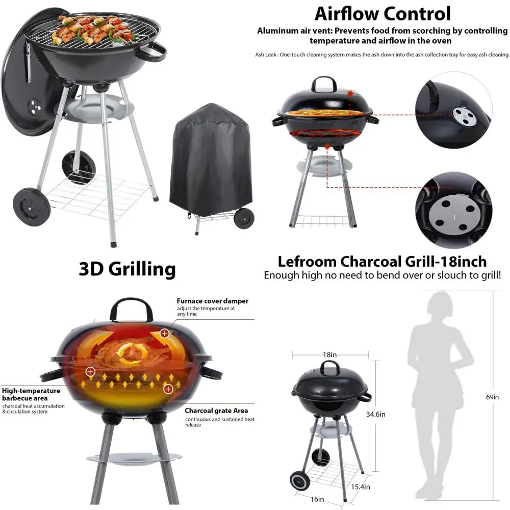 

Outdoor 18-Inch Kettle BBQ Grill with Waterproof Cover for Courtyard, Picnic, Camping, and Tailgating