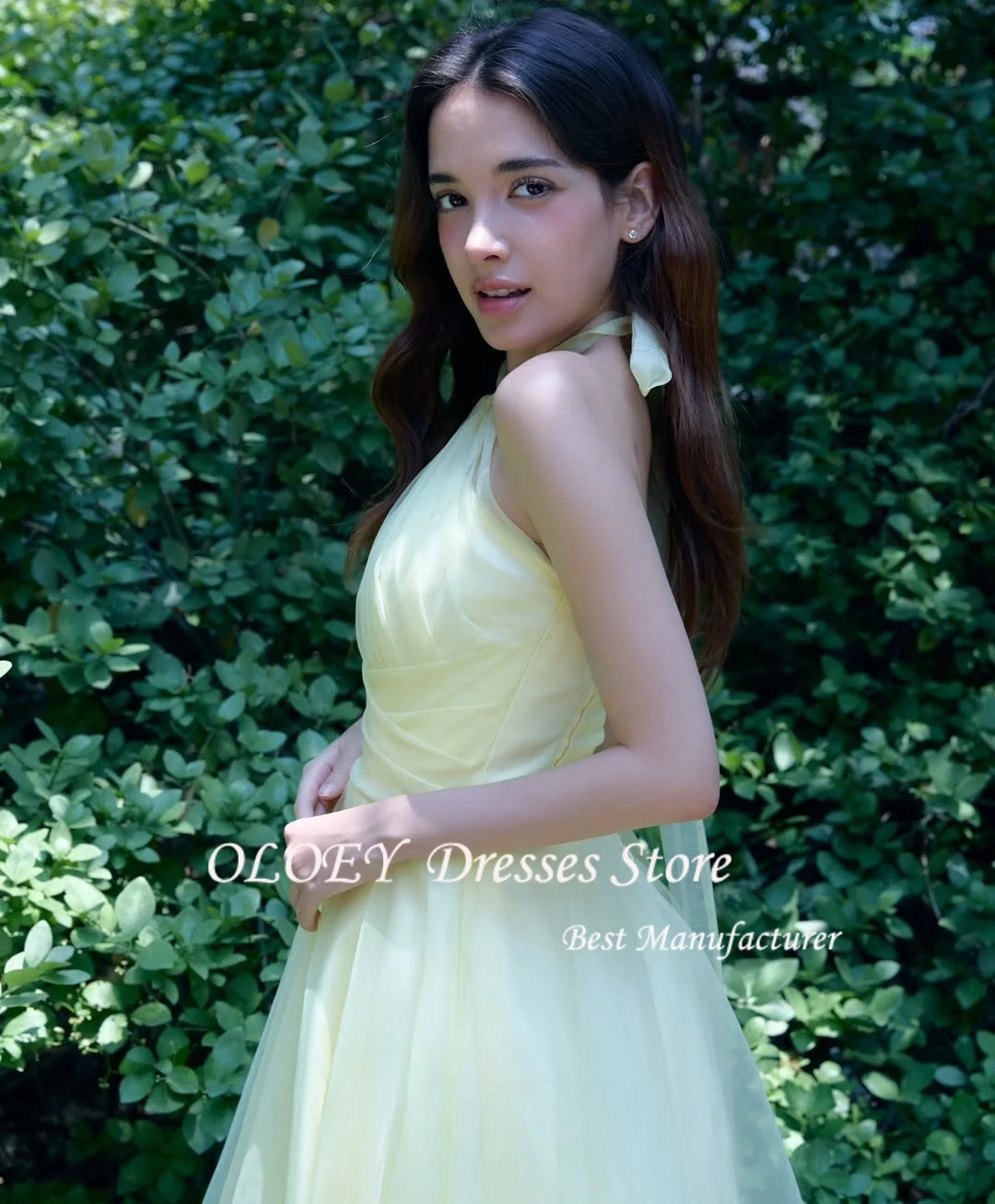 OLOEY Halter Neck Yellow Customized Organza Floor Length Ruched Simple Party Prom Gowns Formal vestidos de fiesta 웨딩드레스